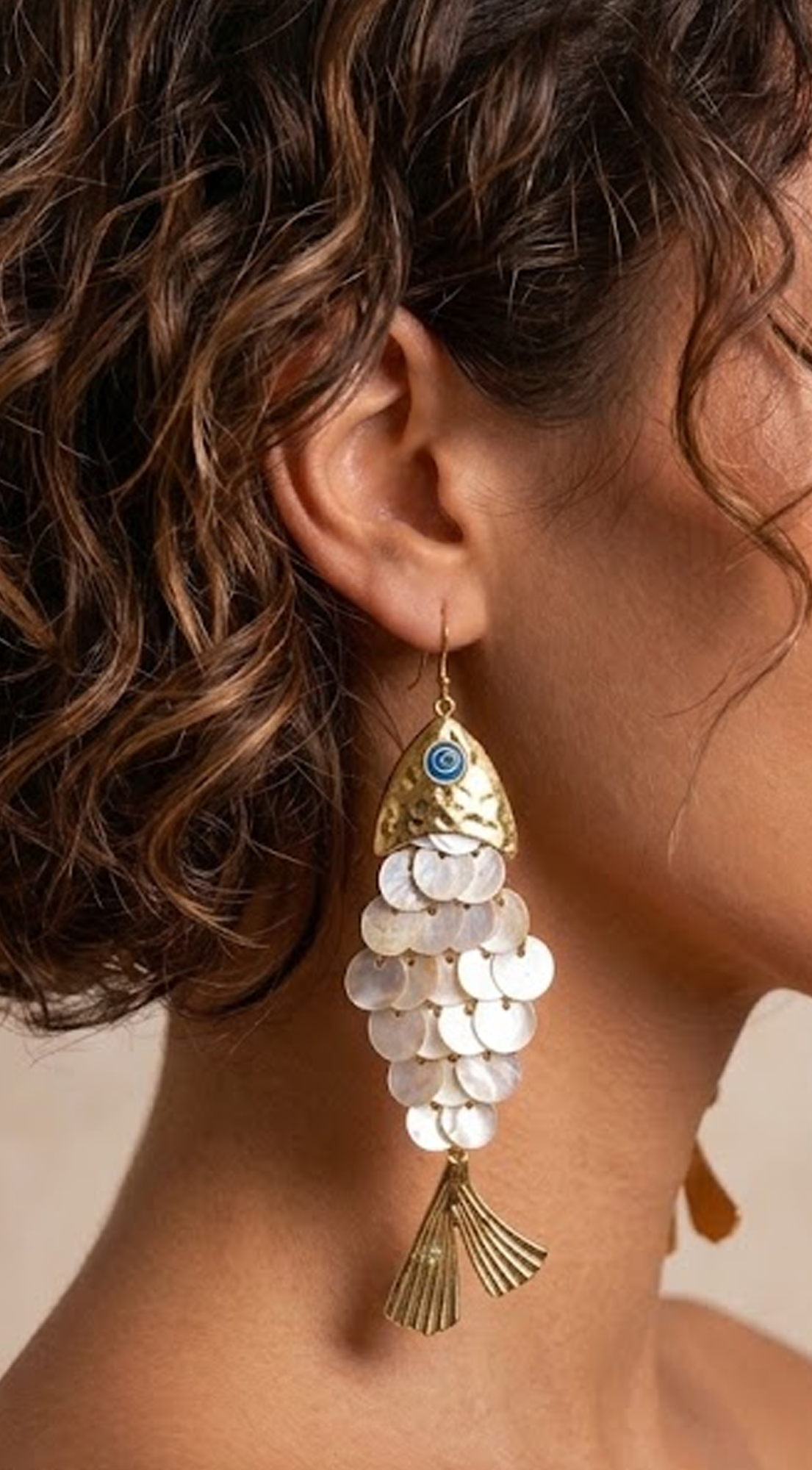 Beige Gold Fish Shell Drop Earrings