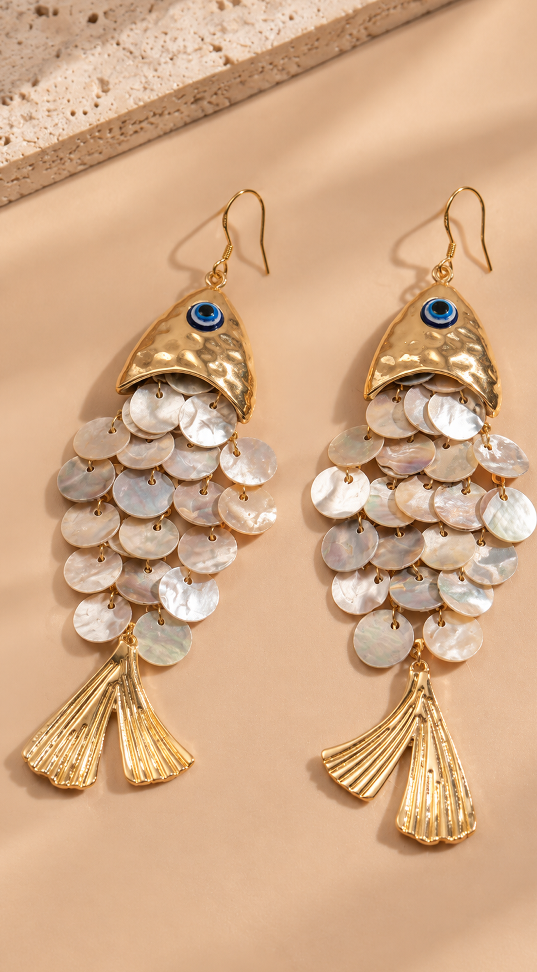 Beige Gold Fish Shell Drop Earrings