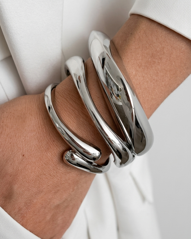 Silver Chunky Metal Bangle Bracelet Set