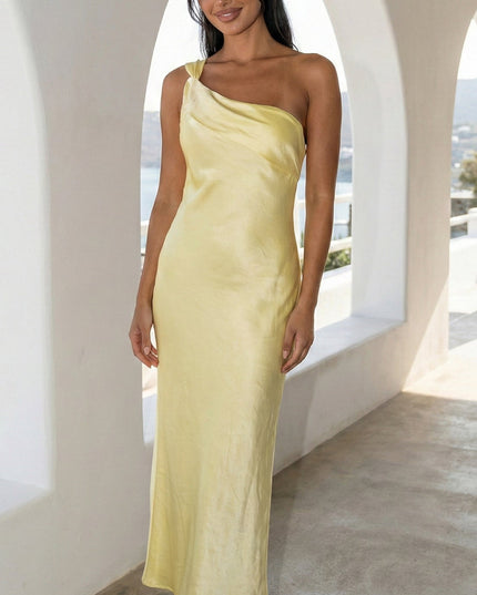 Butter Yellow One Shoulder Satin Maxi Dress