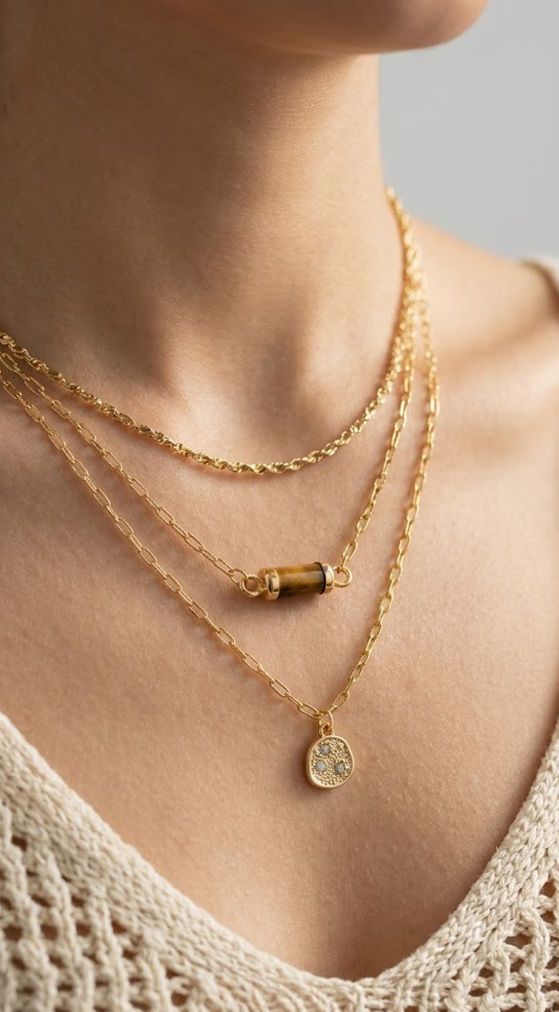 Gold Triple Layer Gold Stone Pendant Necklace