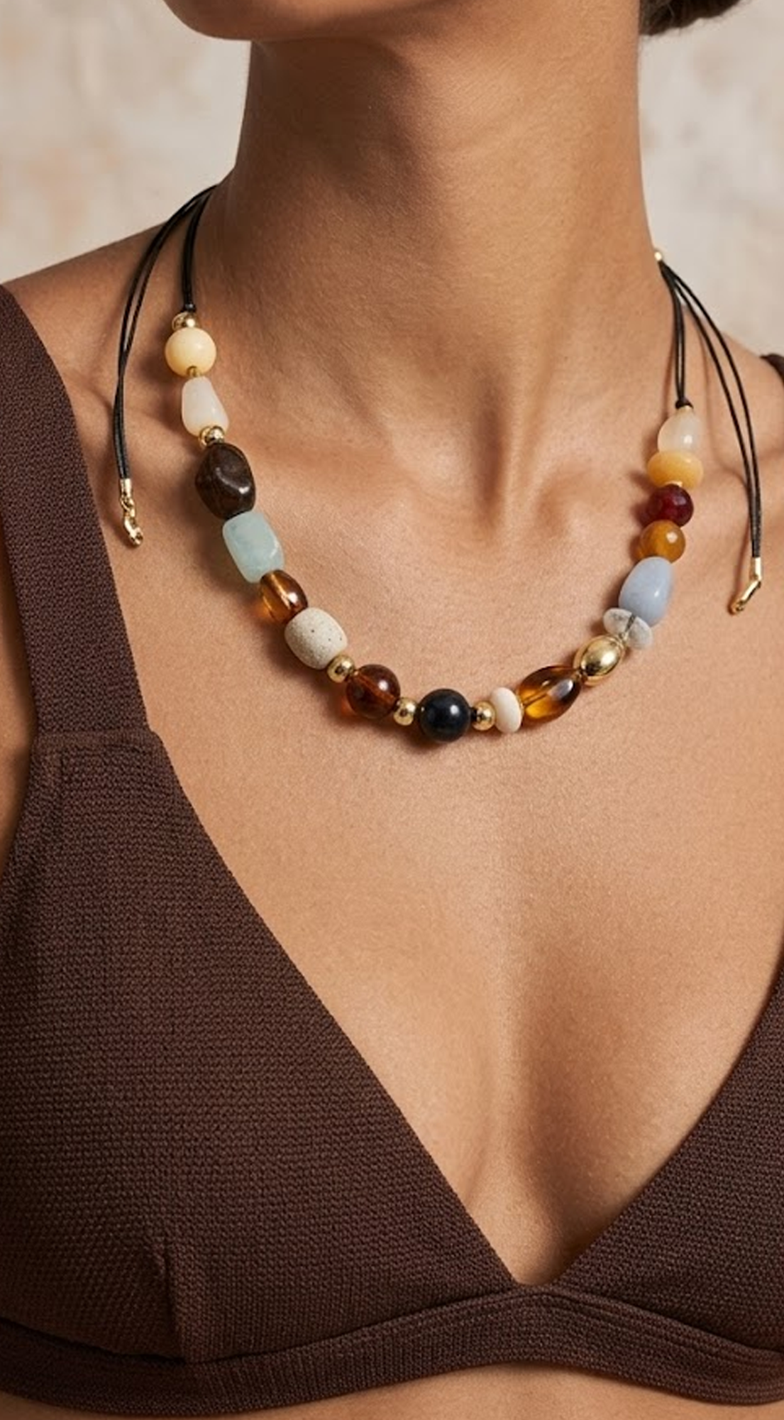 Black Mixed Stone Cord Necklace