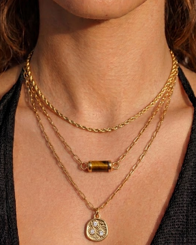 Gold Triple Layer Gold Stone Pendant Necklace