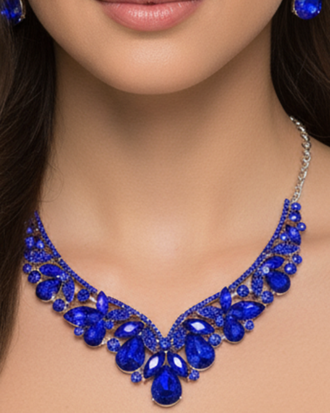 Blue Sapphire Stone Embellished Necklace & Earrings Set