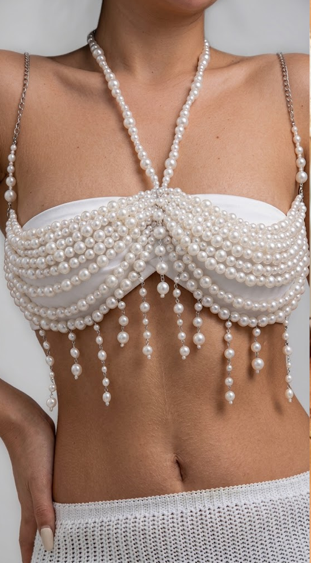 White Pearl Fringe Statement Body Chain