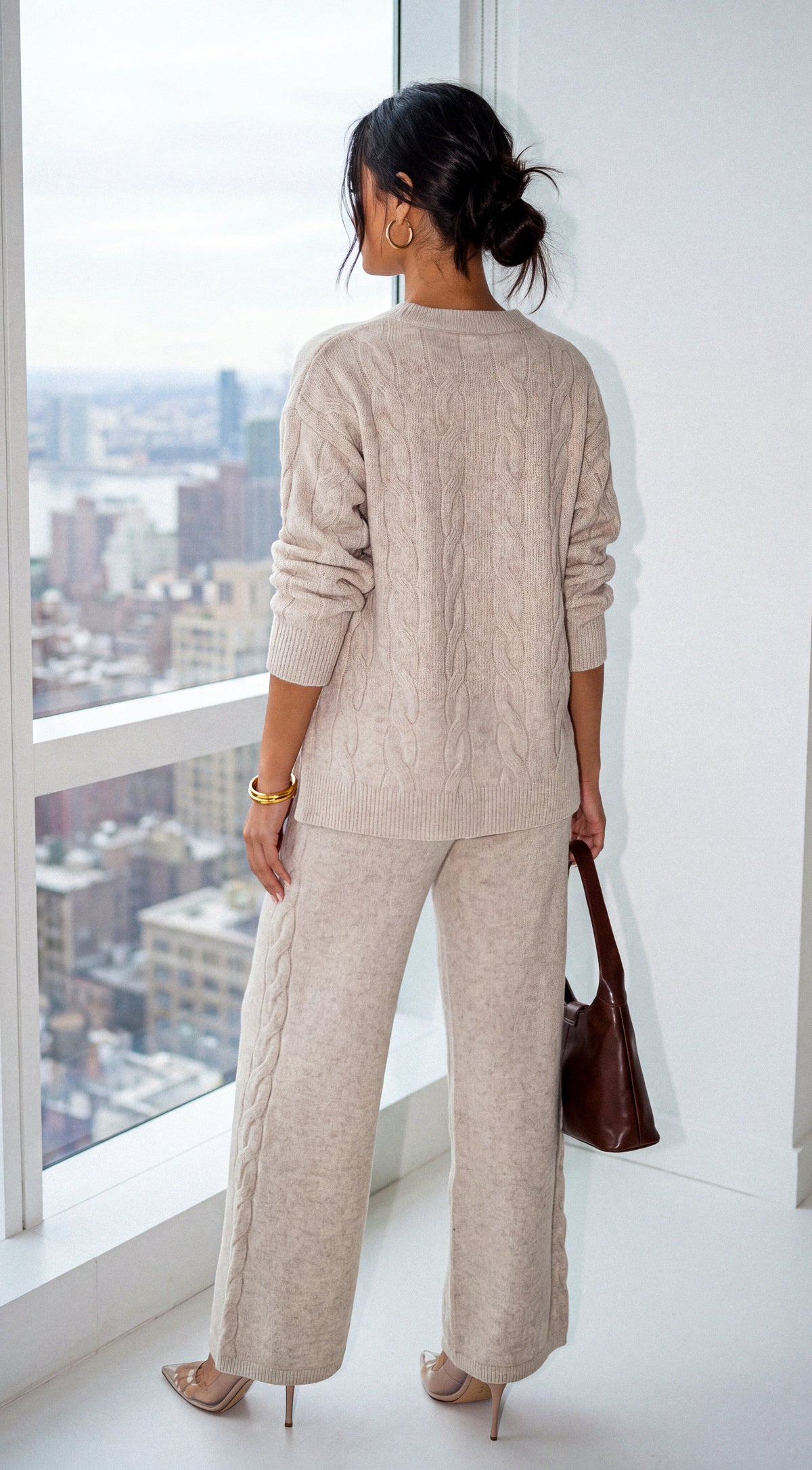 Light Beige Oversized Knit Sweater & Wide Leg Pant Set