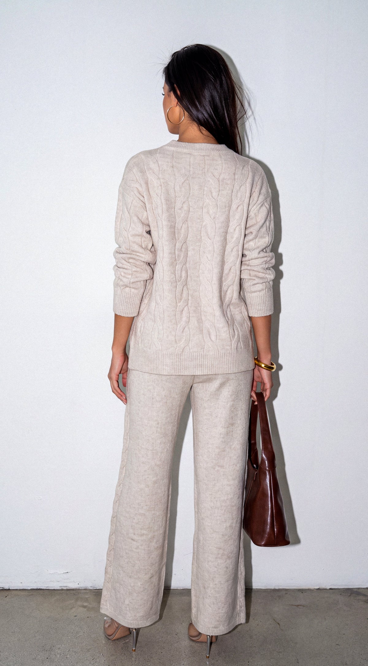 Light Beige Oversized Knit Sweater & Wide Leg Pant Set