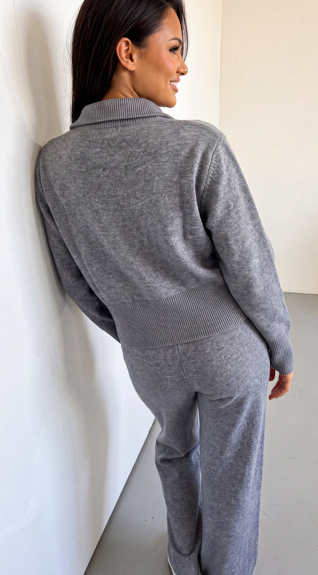 Gray Zip Cardigan & Wide Leg Pant Set