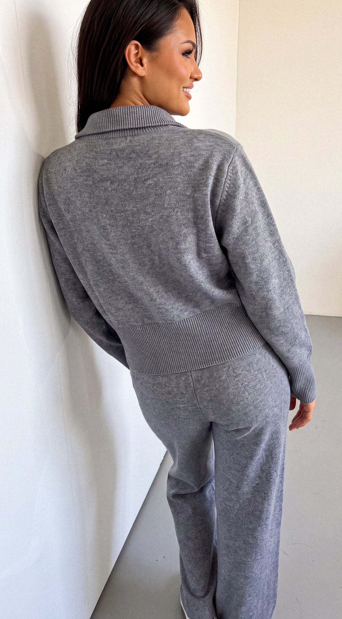 Gray Zip Cardigan & Wide Leg Pant Set