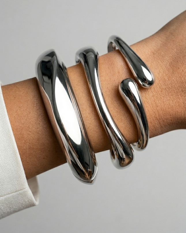 Silver Chunky Metal Bangle Bracelet Set