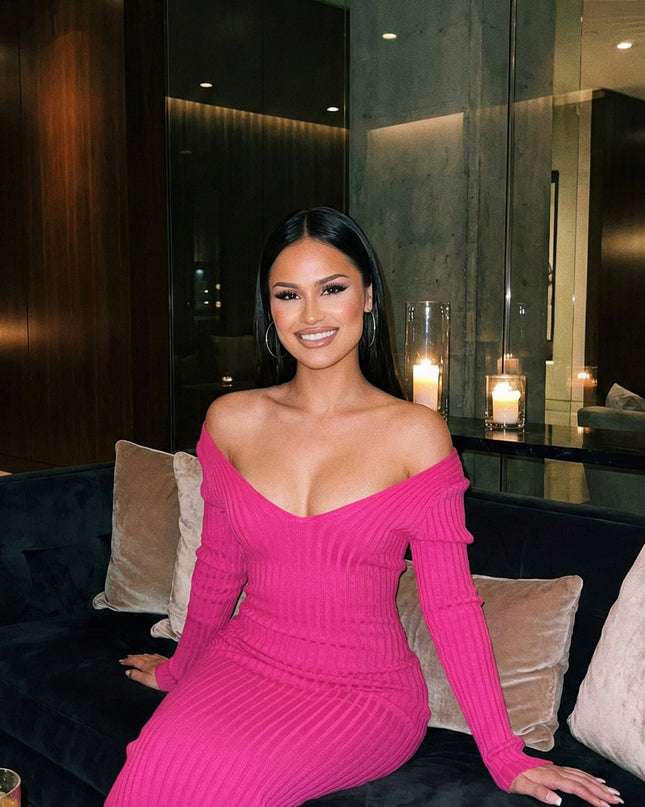 Pink Off Shoulder Ribbed Midi Dress