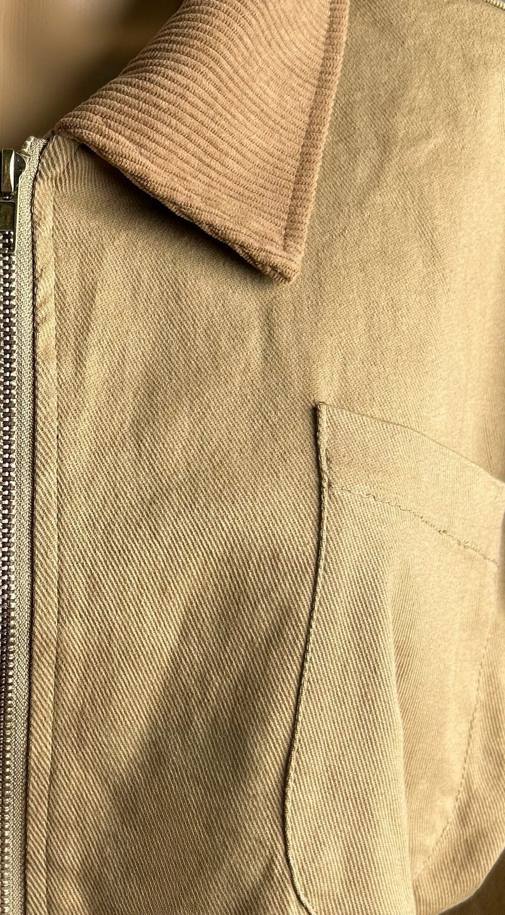Beige Khaki Collar Zip Jacket
