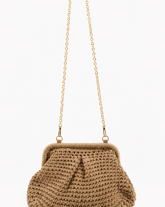 Beige Crochet Knit Pouch Bag