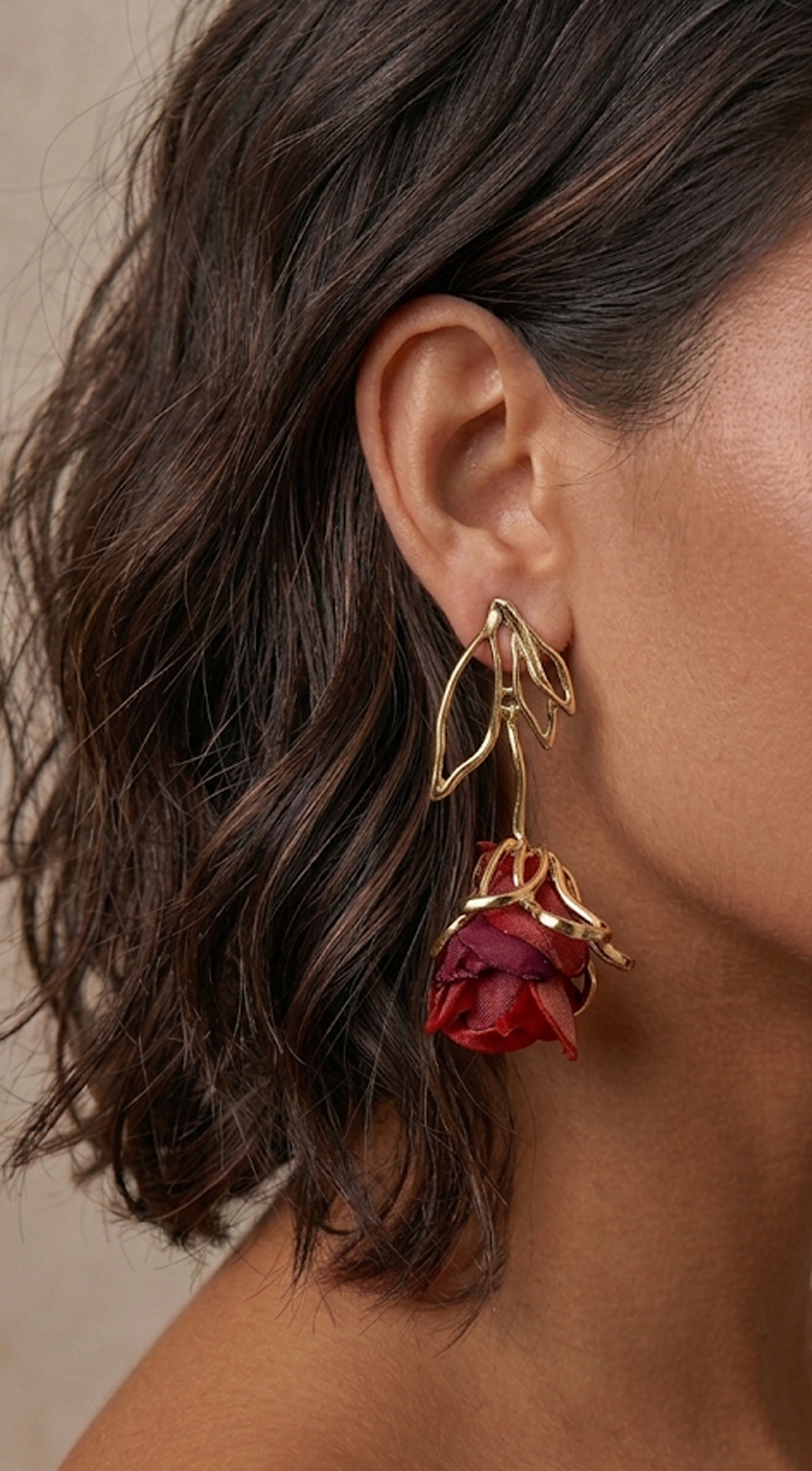Red Fabric Rose Drop Earrings