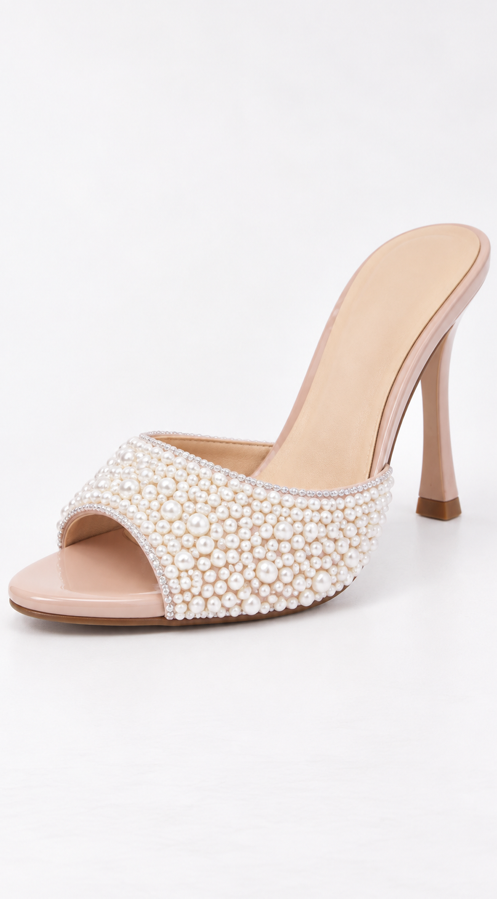 Nude Crystal Pearl Embellished Heel Mules