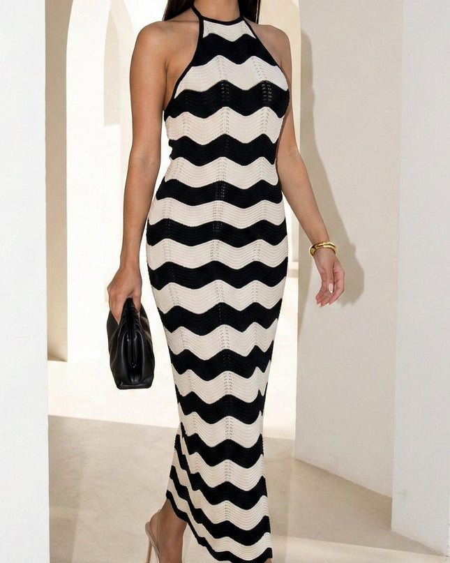 Cream Beige Knit Halter Maxi Dress