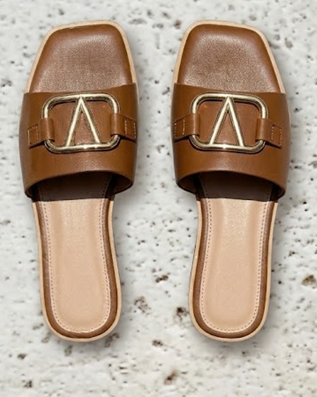 Brown Emblem Slide Sandals