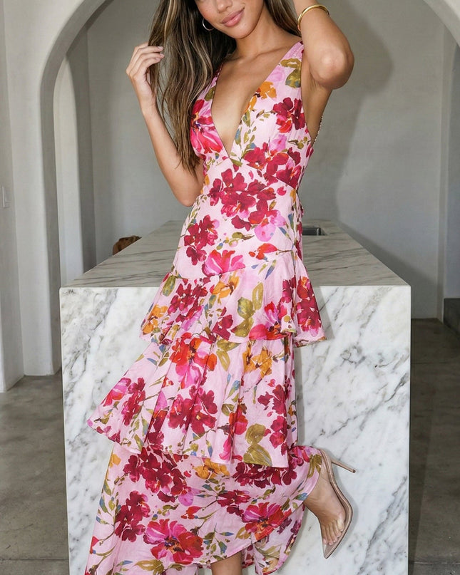 Floral Pink Floral Ruffled Maxi Dress