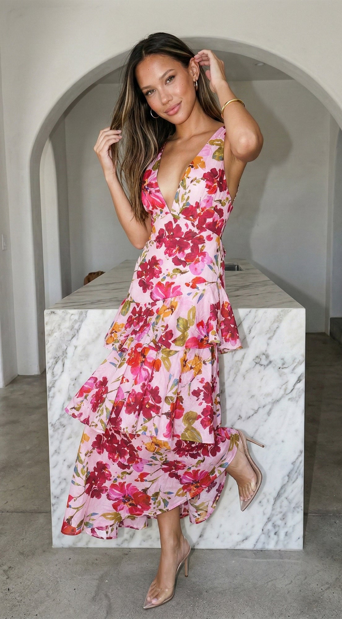 Floral Pink Floral Ruffled Maxi Dress