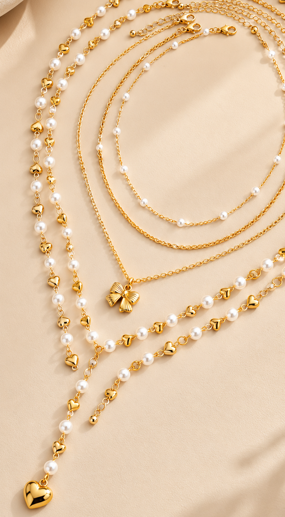 Gold Pearl Heart Lariat Necklace
