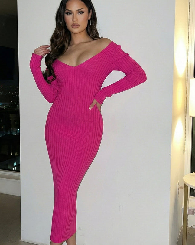 Pink Off Shoulder Ribbed Midi Dress
