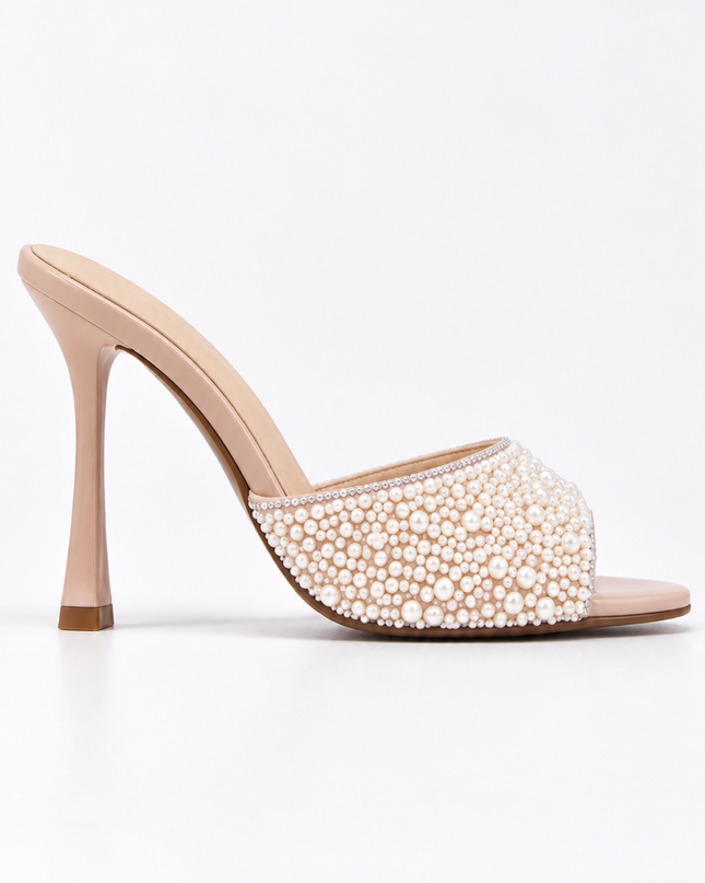 Nude Crystal Pearl Embellished Heel Mules