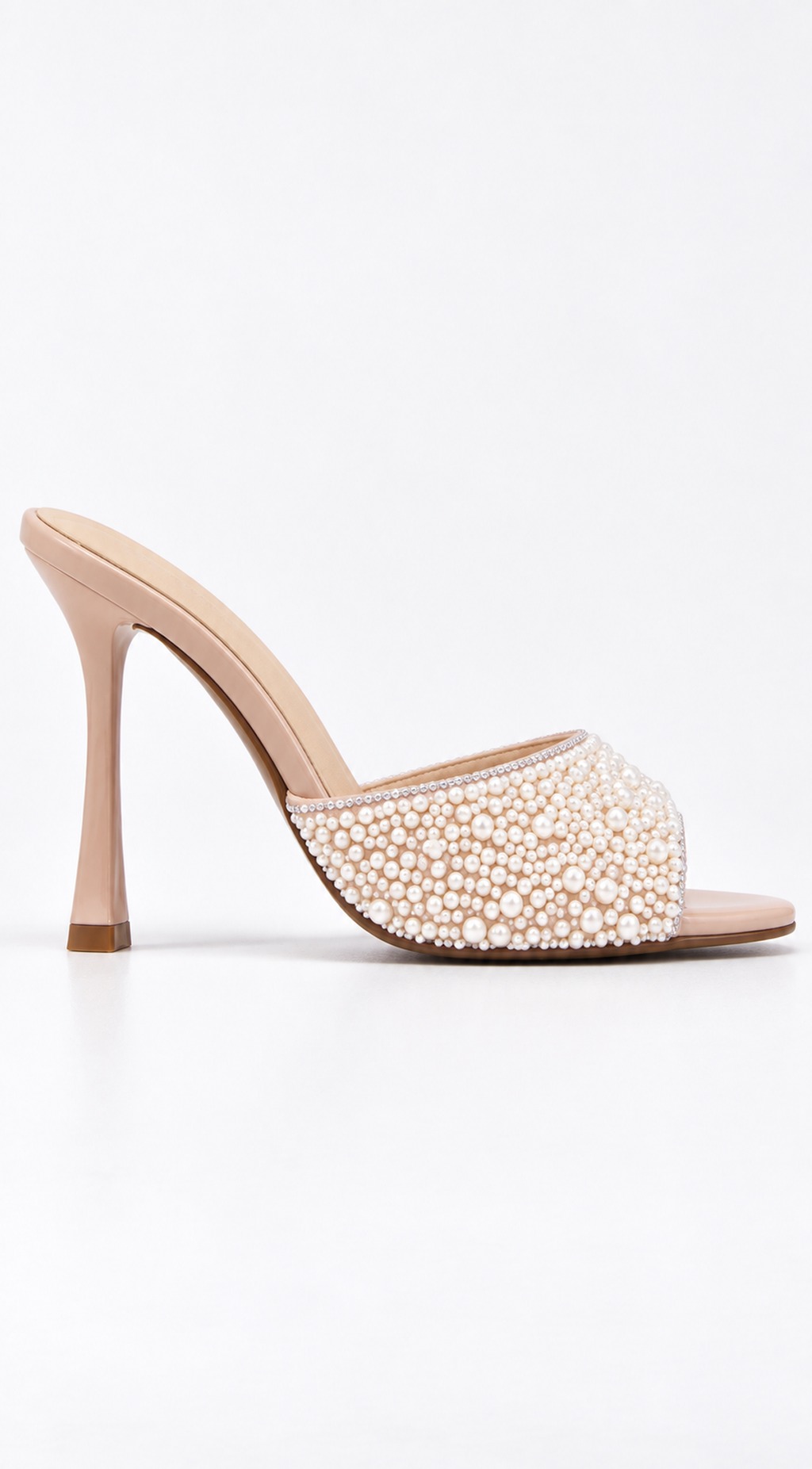 Nude Crystal Pearl Embellished Heel Mules